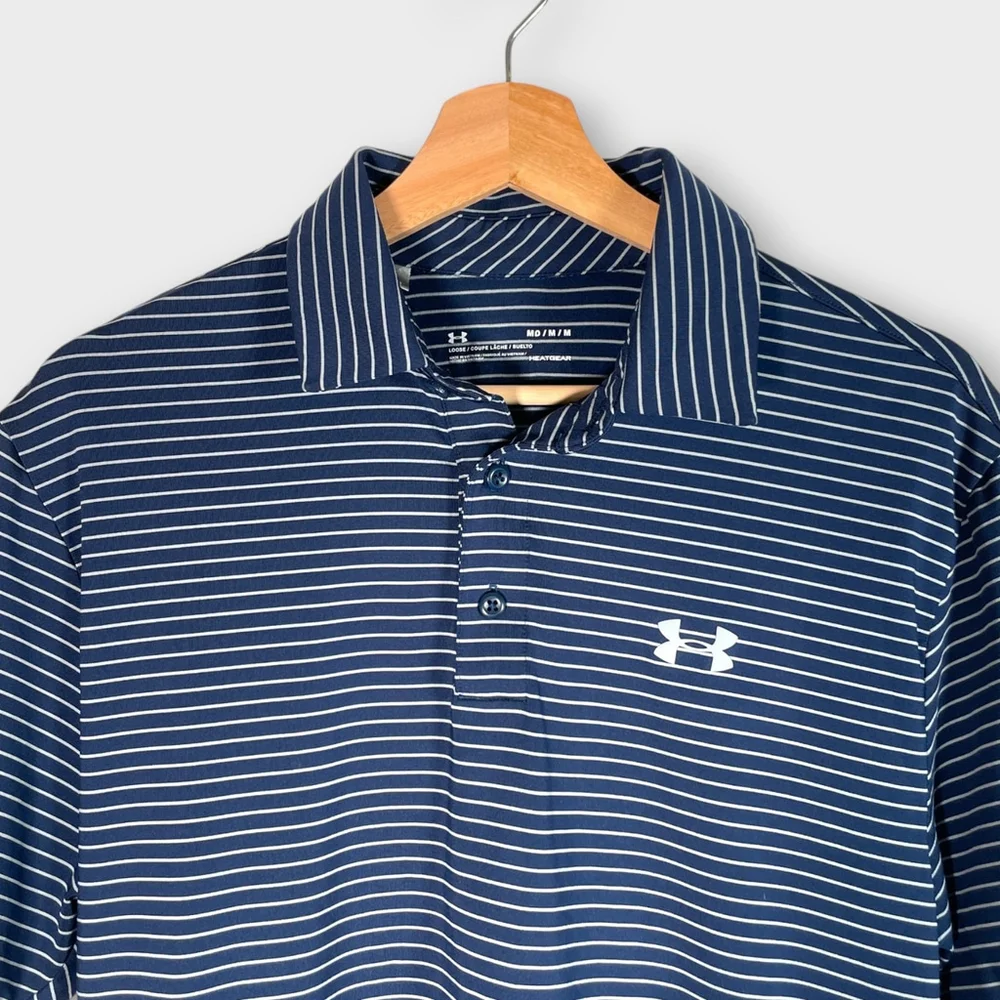 🦜 Under Armour Heatgear Polo Shirt Mens MEDIUM Blue Striped Polyester Golf - Picture 3 of 6